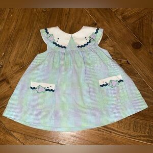 Vintage Samara Fish seersucker dress -embroidered fish details/peter pan collar